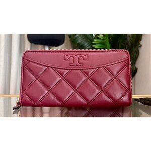 Authentic Tory Burch Maroon Quilted Leather Fleming Zippie Wallet